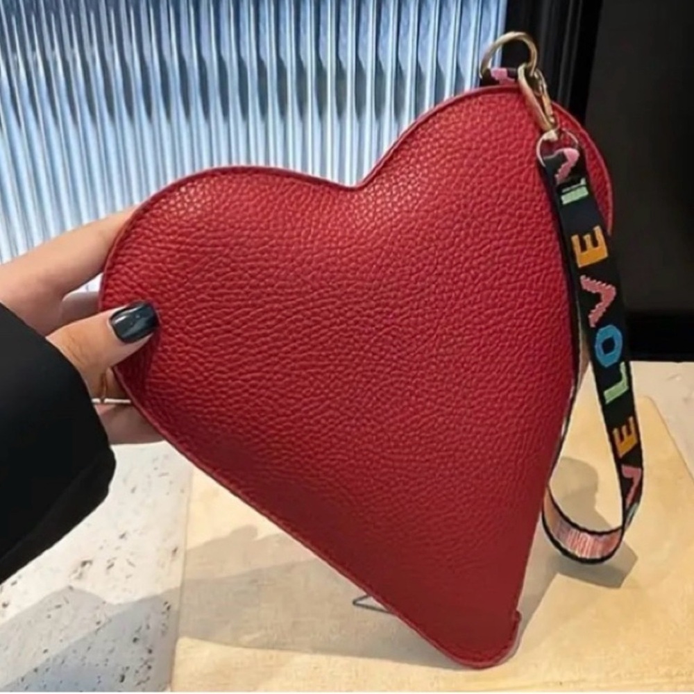 Red Heart-Shaped Clutch / Wristlet Bag with Colorful Strap